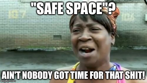 Ain't Nobody Got Time For That | "SAFE SPACE"? AIN'T NOBODY GOT TIME FOR THAT SHIT! | image tagged in memes,aint nobody got time for that | made w/ Imgflip meme maker