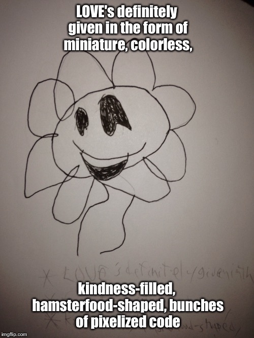 LOVE's definitely given in the form of miniature, colorless, kindness-filled, hamsterfood-shaped, bunches of pixelized code | image tagged in flowey,undertale | made w/ Imgflip meme maker