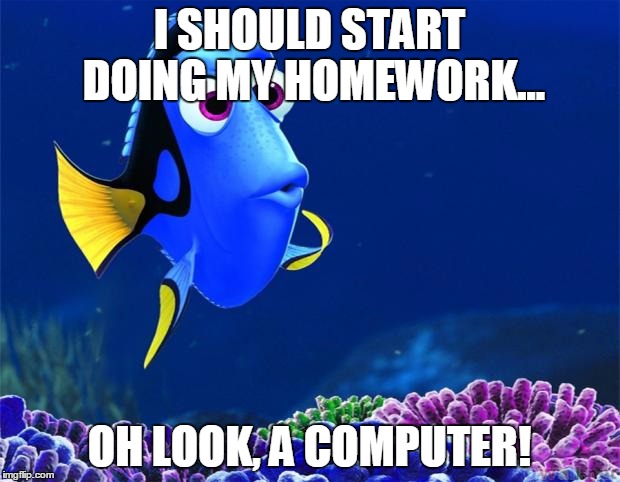Me 24/7 | I SHOULD START DOING MY HOMEWORK... OH LOOK, A COMPUTER! | image tagged in dory,homework,distraction | made w/ Imgflip meme maker