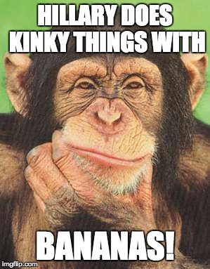 chimpanzee thinking | HILLARY DOES KINKY THINGS WITH; BANANAS! | image tagged in chimpanzee thinking | made w/ Imgflip meme maker