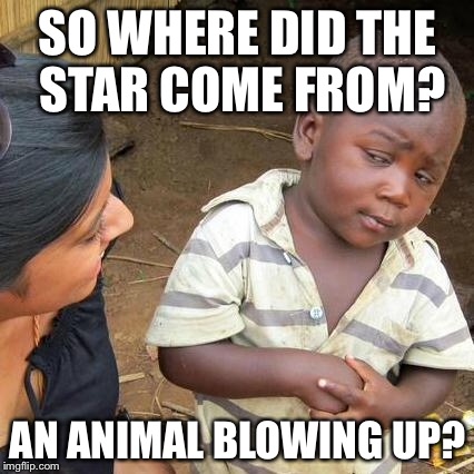 Third World Skeptical Kid Meme | SO WHERE DID THE STAR COME FROM? AN ANIMAL BLOWING UP? | image tagged in memes,third world skeptical kid | made w/ Imgflip meme maker