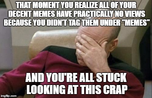 No views for you! | THAT MOMENT YOU REALIZE ALL OF YOUR DECENT MEMES HAVE PRACTICALLY NO VIEWS BECAUSE YOU DIDN'T TAG THEM UNDER "MEMES"; AND YOU'RE ALL STUCK LOOKING AT THIS CRAP | image tagged in memes,captain picard facepalm,imgflip,create | made w/ Imgflip meme maker