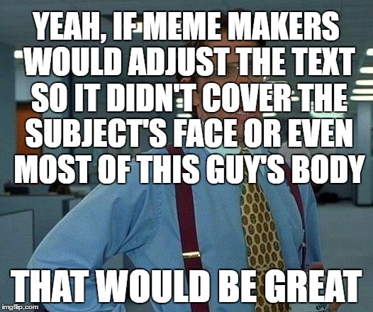 That Would Be Great Meme | YEAH, IF MEME MAKERS WOULD ADJUST THE TEXT SO IT DIDN'T COVER THE SUBJECT'S FACE OR EVEN MOST OF THIS GUY'S BODY; THAT WOULD BE GREAT | image tagged in memes,that would be great | made w/ Imgflip meme maker