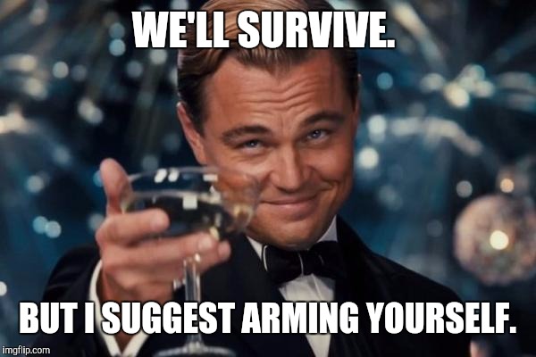 Leonardo Dicaprio Cheers Meme | WE'LL SURVIVE. BUT I SUGGEST ARMING YOURSELF. | image tagged in memes,leonardo dicaprio cheers | made w/ Imgflip meme maker