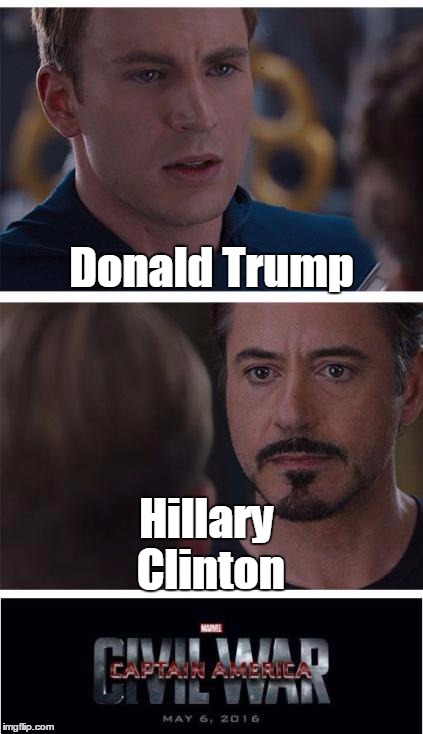 Donald trump and captain vs iron man and hillary | Donald Trump; Hillary Clinton | image tagged in memes,marvel civil war 1 | made w/ Imgflip meme maker