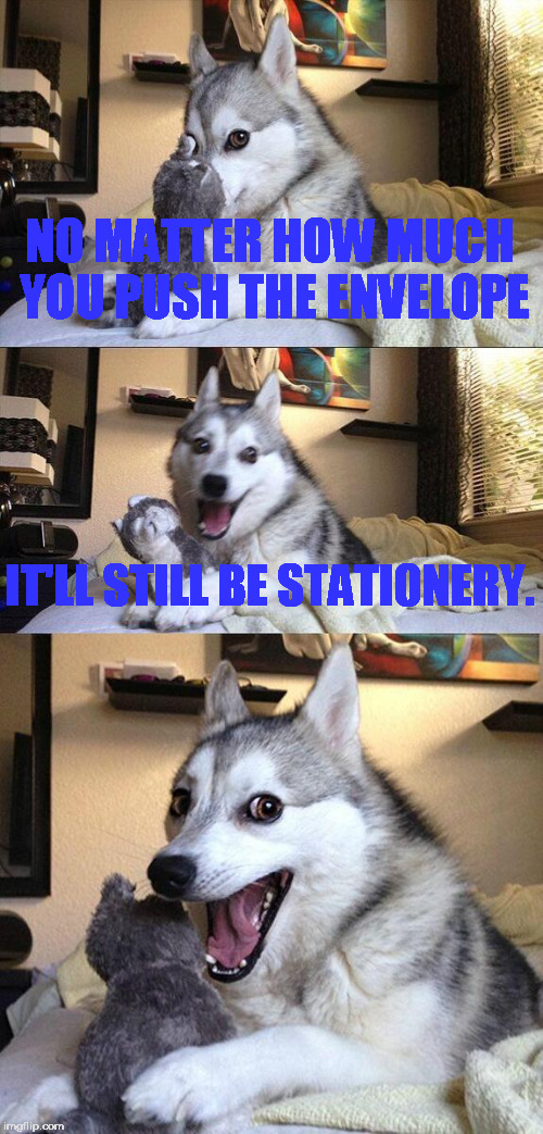 That's write. | NO MATTER HOW MUCH YOU PUSH THE ENVELOPE; IT'LL STILL BE STATIONERY. | image tagged in memes,bad pun dog,that's write | made w/ Imgflip meme maker