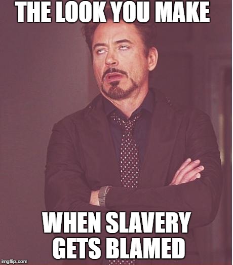 it's history | THE LOOK YOU MAKE; WHEN SLAVERY GETS BLAMED | image tagged in memes,face you make robert downey jr | made w/ Imgflip meme maker