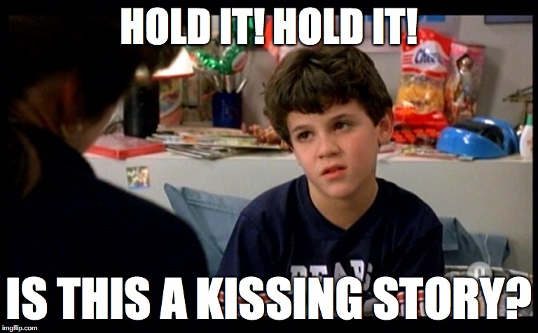 Princess Bride grandson | HOLD IT! HOLD IT! IS THIS A KISSING STORY? | image tagged in princess bride grandson | made w/ Imgflip meme maker