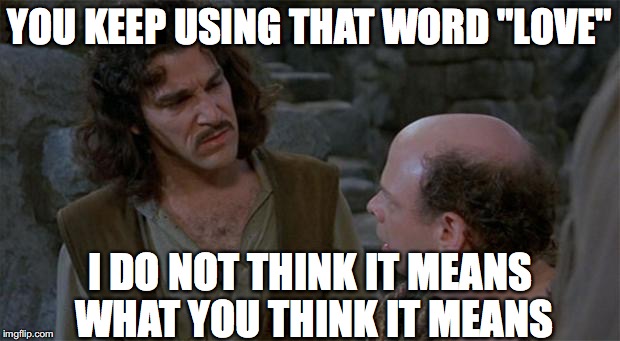 Princess Bride | YOU KEEP USING THAT WORD "LOVE"; I DO NOT THINK IT MEANS WHAT YOU THINK IT MEANS | image tagged in princess bride | made w/ Imgflip meme maker