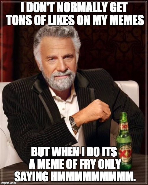The Most Interesting Man In The World Meme | I DON'T NORMALLY GET TONS OF LIKES ON MY MEMES; BUT WHEN I DO ITS A MEME OF FRY ONLY SAYING HMMMMMMMMM. | image tagged in memes,the most interesting man in the world | made w/ Imgflip meme maker