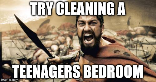 Sparta Leonidas Meme | TRY CLEANING A TEENAGERS BEDROOM | image tagged in memes,sparta leonidas | made w/ Imgflip meme maker