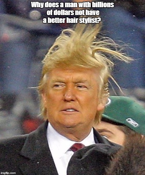 Donald Trumph hair | Why does a man with billions of dollars not have a better hair stylist? | image tagged in donald trumph hair | made w/ Imgflip meme maker