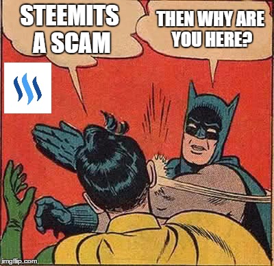 Batman Slapping Robin Meme | STEEMITS A SCAM; THEN WHY ARE YOU HERE? | image tagged in memes,batman slapping robin | made w/ Imgflip meme maker