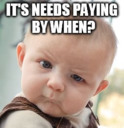 Skeptical Baby | IT'S NEEDS PAYING BY WHEN? | image tagged in memes,skeptical baby | made w/ Imgflip meme maker