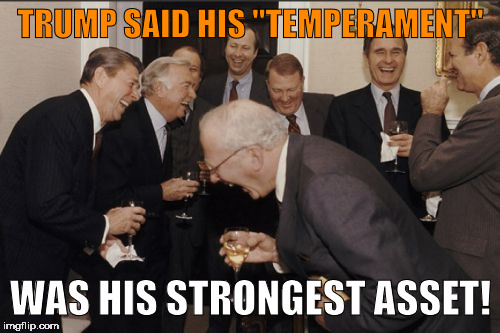 Laughing Men In Suits Meme | TRUMP SAID HIS "TEMPERAMENT"; WAS HIS STRONGEST ASSET! | image tagged in memes,laughing men in suits | made w/ Imgflip meme maker