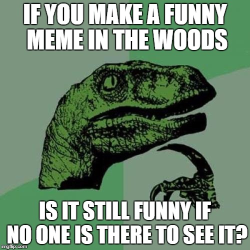 Philosoraptor | IF YOU MAKE A FUNNY MEME IN THE WOODS; IS IT STILL FUNNY IF NO ONE IS THERE TO SEE IT? | image tagged in memes,philosoraptor | made w/ Imgflip meme maker