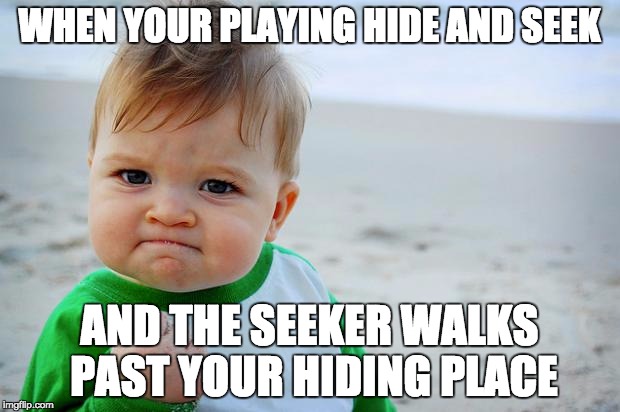 sucess kid | WHEN YOUR PLAYING HIDE AND SEEK; AND THE SEEKER WALKS PAST YOUR HIDING PLACE | image tagged in sucess kid | made w/ Imgflip meme maker