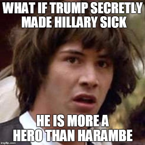 Conspiracy Keanu Meme | WHAT IF TRUMP SECRETLY MADE HILLARY SICK; HE IS MORE A HERO THAN HARAMBE | image tagged in memes,conspiracy keanu | made w/ Imgflip meme maker