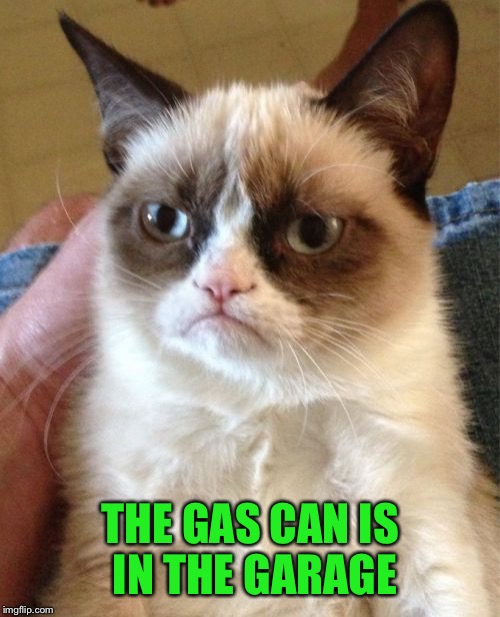 Grumpy Cat Meme | THE GAS CAN IS IN THE GARAGE | image tagged in memes,grumpy cat | made w/ Imgflip meme maker
