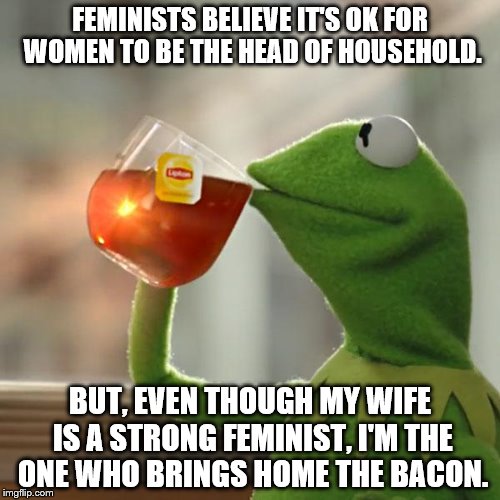 But That's None Of My Business | FEMINISTS BELIEVE IT'S OK FOR WOMEN TO BE THE HEAD OF HOUSEHOLD. BUT, EVEN THOUGH MY WIFE IS A STRONG FEMINIST, I'M THE ONE WHO BRINGS HOME THE BACON. | image tagged in memes,but thats none of my business,kermit the frog | made w/ Imgflip meme maker