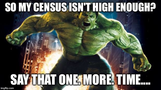 Incredible Hulk | SO MY CENSUS ISN'T HIGH ENOUGH? SAY THAT ONE. MORE. TIME.... | image tagged in incredible hulk | made w/ Imgflip meme maker