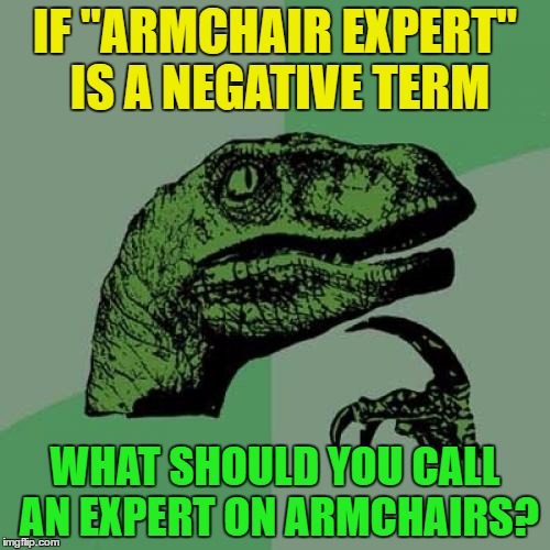 Armchair aficionado? | IF "ARMCHAIR EXPERT" IS A NEGATIVE TERM; WHAT SHOULD YOU CALL AN EXPERT ON ARMCHAIRS? | image tagged in memes,philosoraptor,armchair expert | made w/ Imgflip meme maker