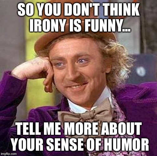 Creepy Condescending Wonka Meme | SO YOU DON'T THINK IRONY IS FUNNY... TELL ME MORE ABOUT YOUR SENSE OF HUMOR | image tagged in memes,creepy condescending wonka | made w/ Imgflip meme maker