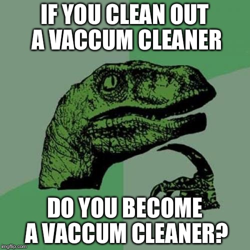 Philosoraptor | IF YOU CLEAN OUT A VACCUM CLEANER; DO YOU BECOME A VACCUM CLEANER? | image tagged in memes,philosoraptor | made w/ Imgflip meme maker