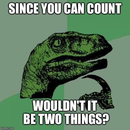 Philosoraptor Meme | SINCE YOU CAN COUNT WOULDN'T IT BE TWO THINGS? | image tagged in memes,philosoraptor | made w/ Imgflip meme maker