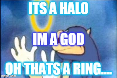 Sonic derp | ITS A HALO; IM A GOD; OH THATS A RING.... | image tagged in sonic derp | made w/ Imgflip meme maker