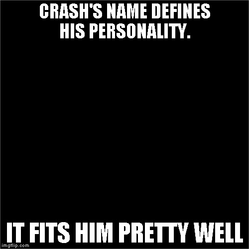all black | CRASH'S NAME DEFINES HIS PERSONALITY. IT FITS HIM PRETTY WELL | image tagged in all black | made w/ Imgflip meme maker