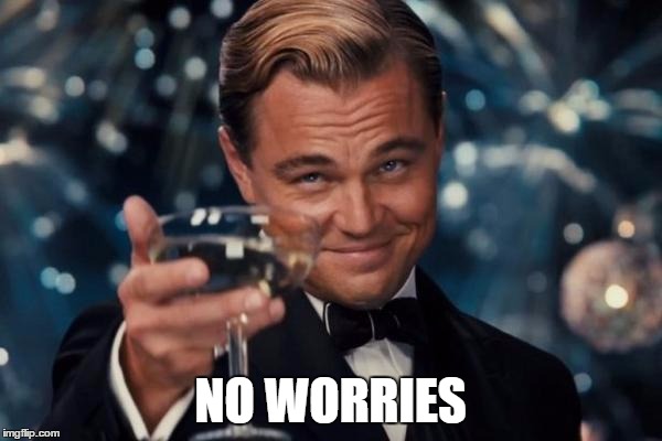 Leonardo Dicaprio Cheers Meme | NO WORRIES | image tagged in memes,leonardo dicaprio cheers | made w/ Imgflip meme maker