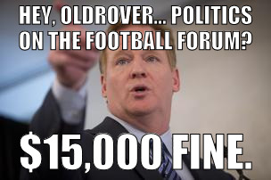 roger goodell | HEY, OLDROVER... POLITICS ON THE FOOTBALL FORUM? $15,000 FINE. | image tagged in roger goodell | made w/ Imgflip meme maker
