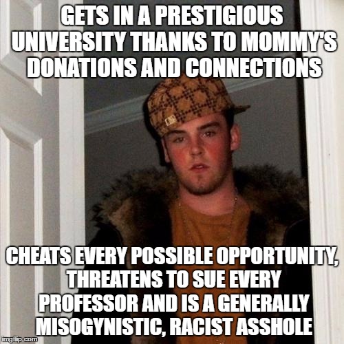 Scumbag Steve Meme | GETS IN A PRESTIGIOUS UNIVERSITY THANKS TO MOMMY'S DONATIONS AND CONNECTIONS; CHEATS EVERY POSSIBLE OPPORTUNITY, THREATENS TO SUE EVERY PROFESSOR AND IS A GENERALLY MISOGYNISTIC, RACIST ASSHOLE | image tagged in memes,scumbag steve | made w/ Imgflip meme maker