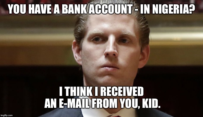 YOU HAVE A BANK ACCOUNT - IN NIGERIA? I THINK I RECEIVED AN E-MAIL FROM YOU, KID. | made w/ Imgflip meme maker