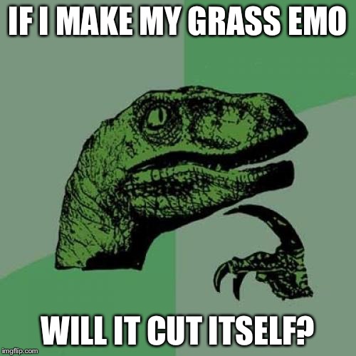 Philosoraptor | IF I MAKE MY GRASS EMO; WILL IT CUT ITSELF? | image tagged in memes,philosoraptor | made w/ Imgflip meme maker