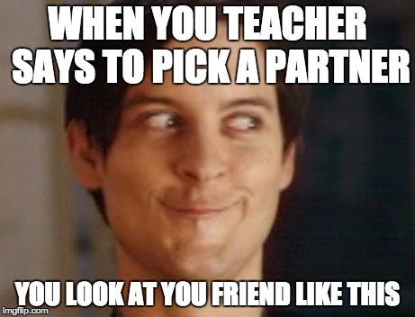 Spiderman Peter Parker | WHEN YOU TEACHER SAYS TO PICK A PARTNER; YOU LOOK AT YOU FRIEND LIKE THIS | image tagged in memes,spiderman peter parker | made w/ Imgflip meme maker