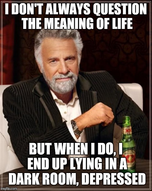 The Most Interesting Man In The World | I DON'T ALWAYS QUESTION THE MEANING OF LIFE; BUT WHEN I DO, I END UP LYING IN A DARK ROOM, DEPRESSED | image tagged in memes,the most interesting man in the world | made w/ Imgflip meme maker