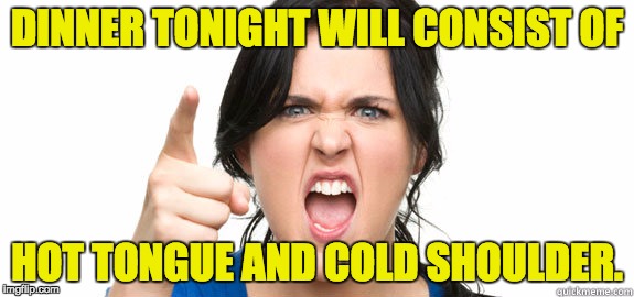 angry woman | DINNER TONIGHT WILL CONSIST OF; HOT TONGUE AND COLD SHOULDER. | image tagged in angry woman | made w/ Imgflip meme maker