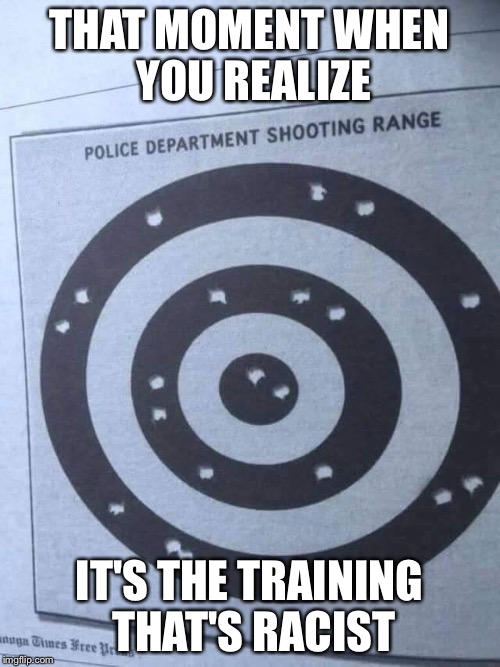 Target practice | THAT MOMENT WHEN YOU REALIZE; IT'S THE TRAINING THAT'S RACIST | image tagged in target practice | made w/ Imgflip meme maker
