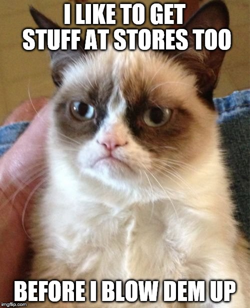 Grumpy Cat Meme | I LIKE TO GET STUFF AT STORES TOO BEFORE I BLOW DEM UP | image tagged in memes,grumpy cat | made w/ Imgflip meme maker