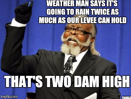 Too Damn High | WEATHER MAN SAYS IT'S GOING TO RAIN TWICE AS MUCH AS OUR LEVEE CAN HOLD; THAT'S TWO DAM HIGH; YAHBLE | image tagged in memes,too damn high | made w/ Imgflip meme maker