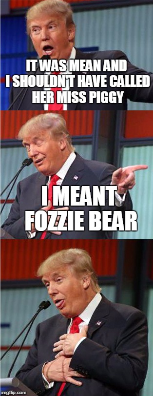 Bad Pun Trump | IT WAS MEAN AND I SHOULDN'T HAVE CALLED HER MISS PIGGY; I MEANT FOZZIE BEAR | image tagged in bad pun trump | made w/ Imgflip meme maker