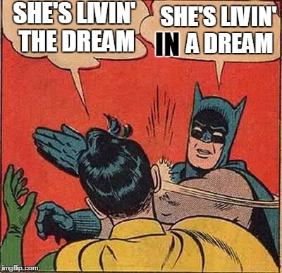 Batman Slapping Robin Meme | SHE'S LIVIN' THE DREAM SHE'S LIVIN'     A DREAM IN | image tagged in memes,batman slapping robin | made w/ Imgflip meme maker