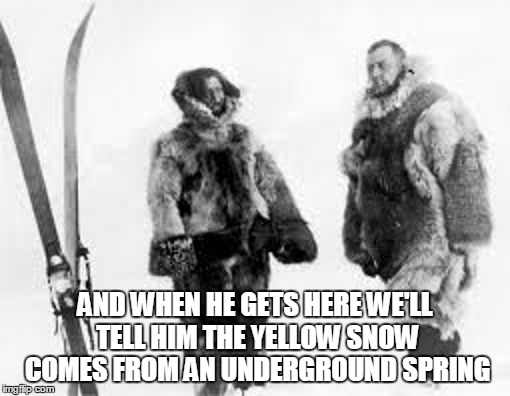 AND WHEN HE GETS HERE WE'LL TELL HIM THE YELLOW SNOW COMES FROM AN UNDERGROUND SPRING | image tagged in amundsen yellow pee | made w/ Imgflip meme maker