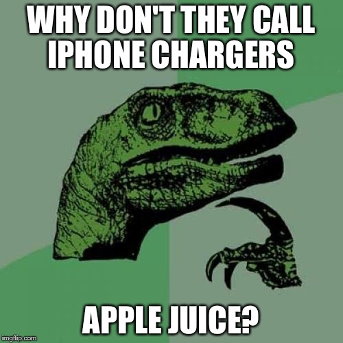 Philosoraptor Meme | WHY DON'T THEY CALL IPHONE CHARGERS; APPLE JUICE? | image tagged in memes,philosoraptor | made w/ Imgflip meme maker