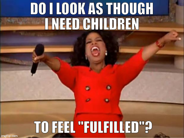 Oprah You Get A | DO I LOOK AS THOUGH I NEED CHILDREN; TO FEEL "FULFILLED"? | image tagged in memes,oprah you get a | made w/ Imgflip meme maker