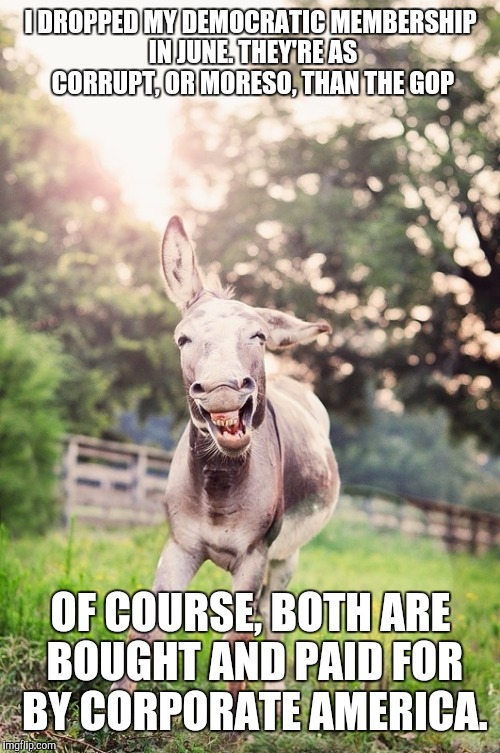 Donkey | I DROPPED MY DEMOCRATIC MEMBERSHIP IN JUNE. THEY'RE AS CORRUPT, OR MORESO, THAN THE GOP OF COURSE, BOTH ARE BOUGHT AND PAID FOR BY CORPORATE | image tagged in donkey | made w/ Imgflip meme maker