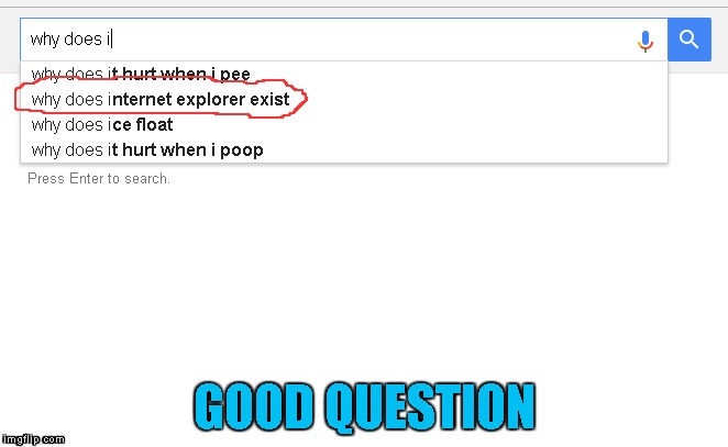 GOOD QUESTION | image tagged in google,internet explorer | made w/ Imgflip meme maker