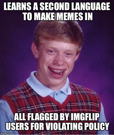 Bad Luck Brian Meme | LEARNS A SECOND LANGUAGE TO MAKE MEMES IN ALL FLAGGED BY IMGFLIP USERS FOR VIOLATING POLICY | image tagged in memes,bad luck brian | made w/ Imgflip meme maker